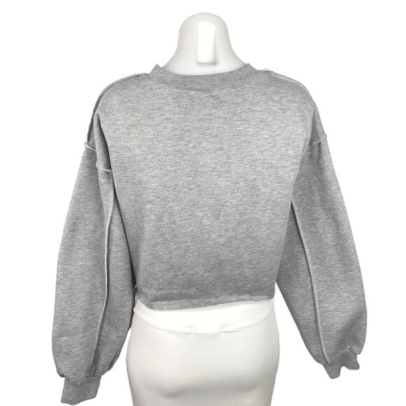 Amazhiyu Gray Round Neck Long Sleeve Frayed Hem Cropped Pullover Cozy Sweater XL - Picture 2 of 4